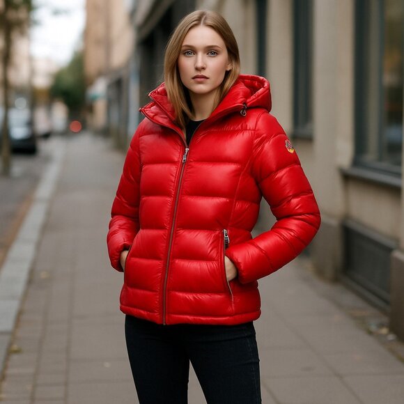 NWOT womens Guess Hooded Puffer Jacket RED XL - Picture 1 of 11